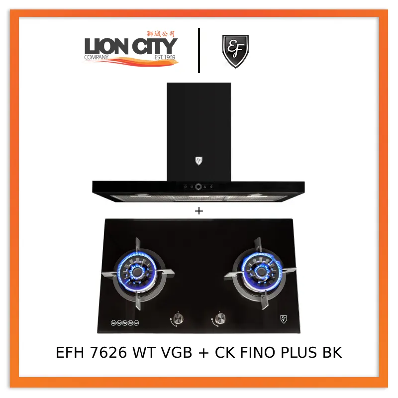 EF 90cm Chimney Hood CK FINO PLUS BK   EF EFH 7626 WT VGB 78 cm, 2 Wok Burners Gas Built in Hob