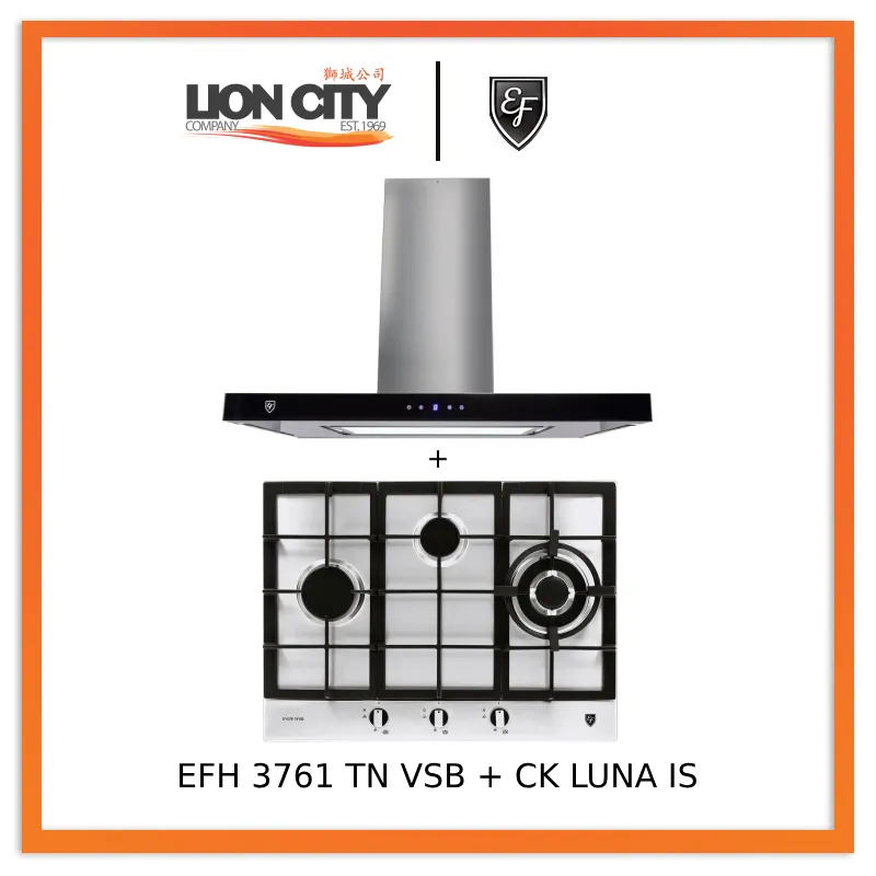EF CK LUNA IS 90cm Island Hood   EF EFH 3761 TN VSB 68cm Built in Stainless Steel Gas Hob