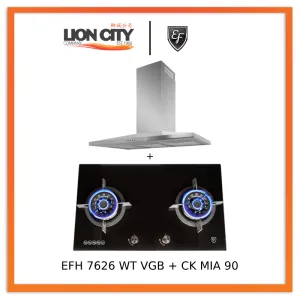 EF CK-Mia 90 90 cm Stainless Steel Chimney hood   EF EFH 7626 WT VGB 78 cm, 2 Wok Burners Gas Built in Hob