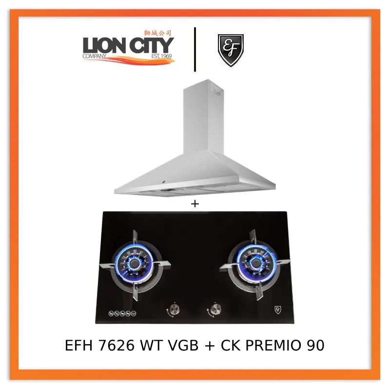 EF CK Premio 90 Chimney Hood   EF EFH 7626 WT VGB 78 cm, 2 Wok Burners Gas Built in Hob