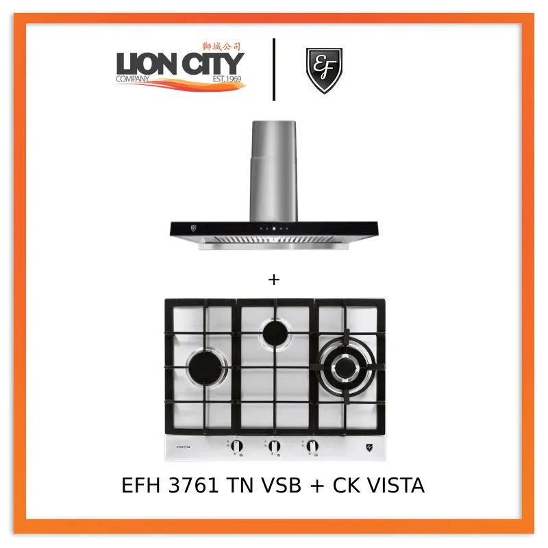 EF EFH 3761 TN VSB 68cm Built in Stainless Steel Gas Hob   CK VISTA Cooker Hood 90CM