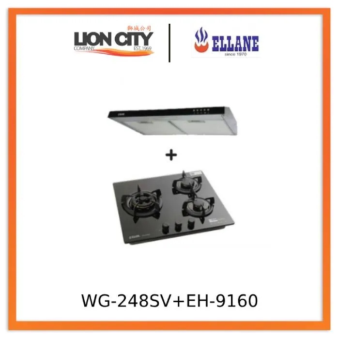 Ellane 60cm/90cm Slimline Hood With Black Panel EH-9160   Ellane WG-248SV 3 Burner Glass Hob