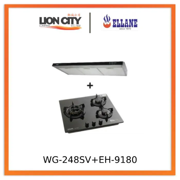 Ellane 60cm/90cm Slimline Hood With Black Panel EH-9180   Ellane WG-248SV 3 Burner Glass Hob