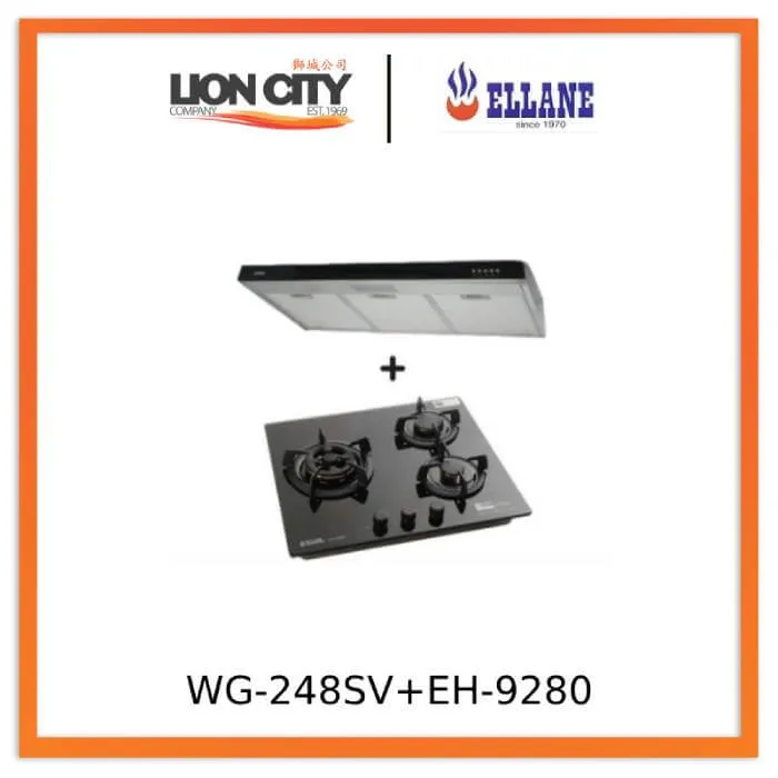 Ellane 60cm/90cm Slimline Hood With Black Panel EH-9280   Ellane WG-248SV 3 Burner Glass Hob