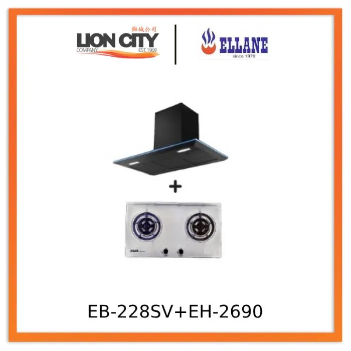 Ellane EH-2690 90cm Black Designer Chimney Hood   Ellane EB-228SV 75cm 2 Burner Stainless Steel Gas Hob