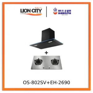Ellane EH-2690 90cm Black Designer Chimney Hood   Ellane OS-802SV 86cm 2 Burner Stainless Steel Gas Hob