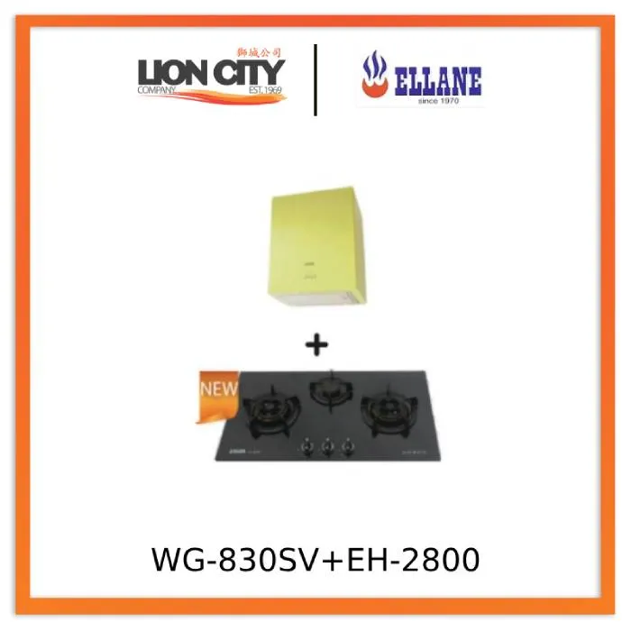 Ellane EH-2800 Apple Green 45cm Stainless Steel Box Hood   Ellane WG-830SV 87cm 3 Burner Glass Gas Hob