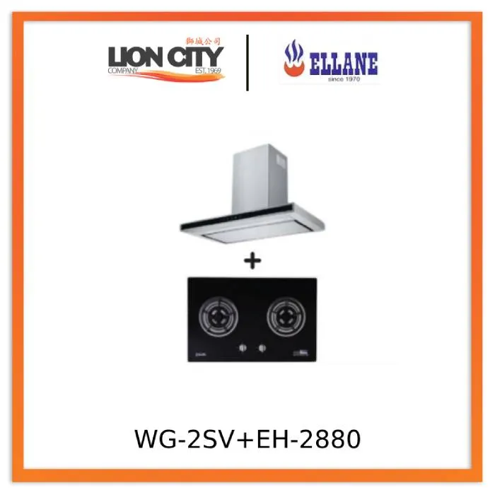 Ellane EH-2880 90cm Touch Control Stainless Steel Chimney Hood   Ellane WG-2SV 80cm 2 Burner Glass Gas Hob