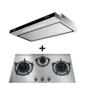 Ellane EH-2990 90cm Stainless Steel Slimline Hood   Ellane EB-338SV 76cm 3 Burner Stainless Steel Gas Hob With
