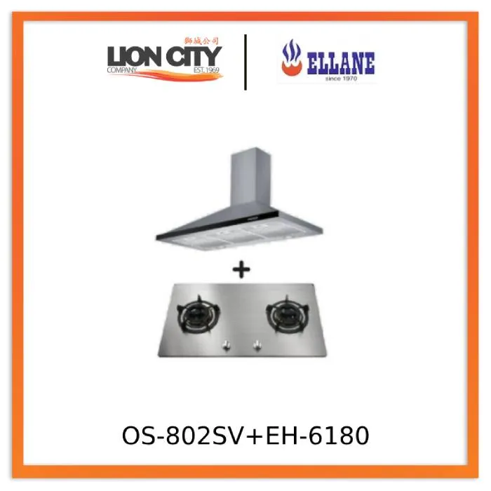 Ellane EH-6180 90cm Stainless Steel Chimney Hood   Ellane OS-802SV 86cm 2 Burner Stainless Steel Gas Hob