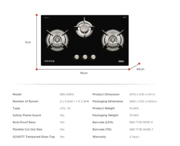 Europace EBH6381S 3 Burner 80cm Slim Gas Cooker Hob (Schott Glass) LPG