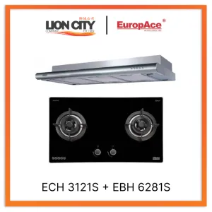 Europace ECH3121S 90cm Deluxe Slim Curve Hood   EBH 6281S 2 Burners 80cm Slim Hob (Schott Glass)