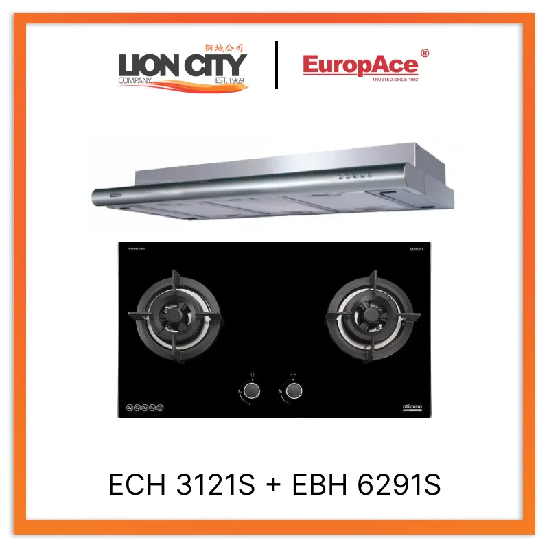 Europace ECH3121S 90cm Deluxe S/Steel Slim Hood   EBH6291S 2 Buners 90cm Slim Hob (Schott Glass)