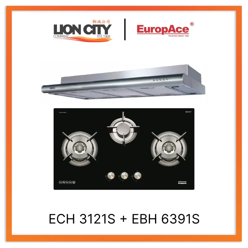 Europace ECH3121S 90cm Deluxe S/Steel Slim Hood   EBH6391S 3 Burner 90cm Slim Hob (Schott Glass)