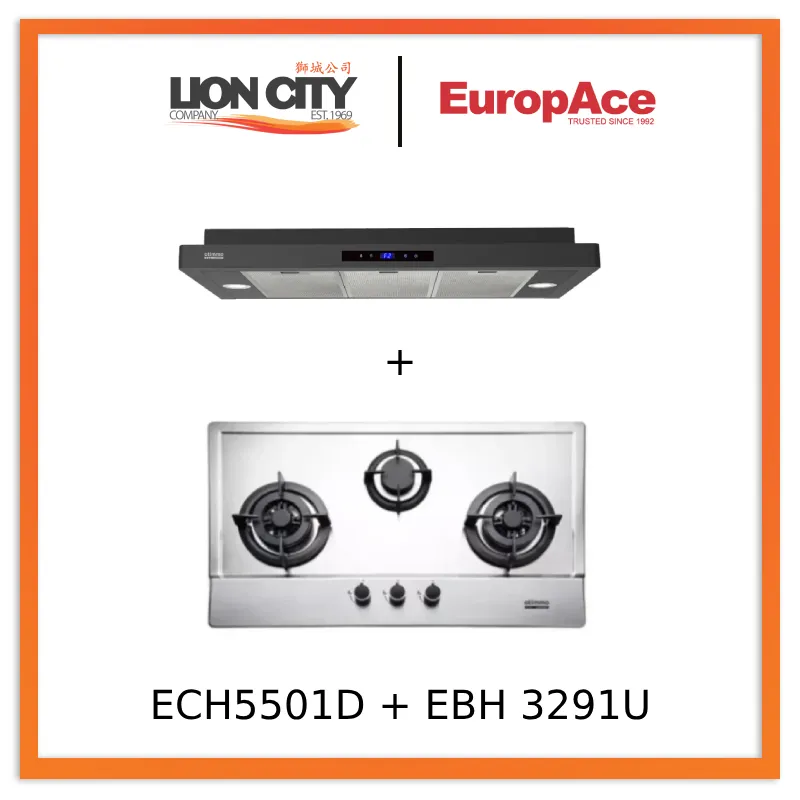 Europace ECH5501DBK 90cm Slimline Hood   EBH3391U Otimmo 3 Burner 90cm Slim Built-in Gas Hob Cooker