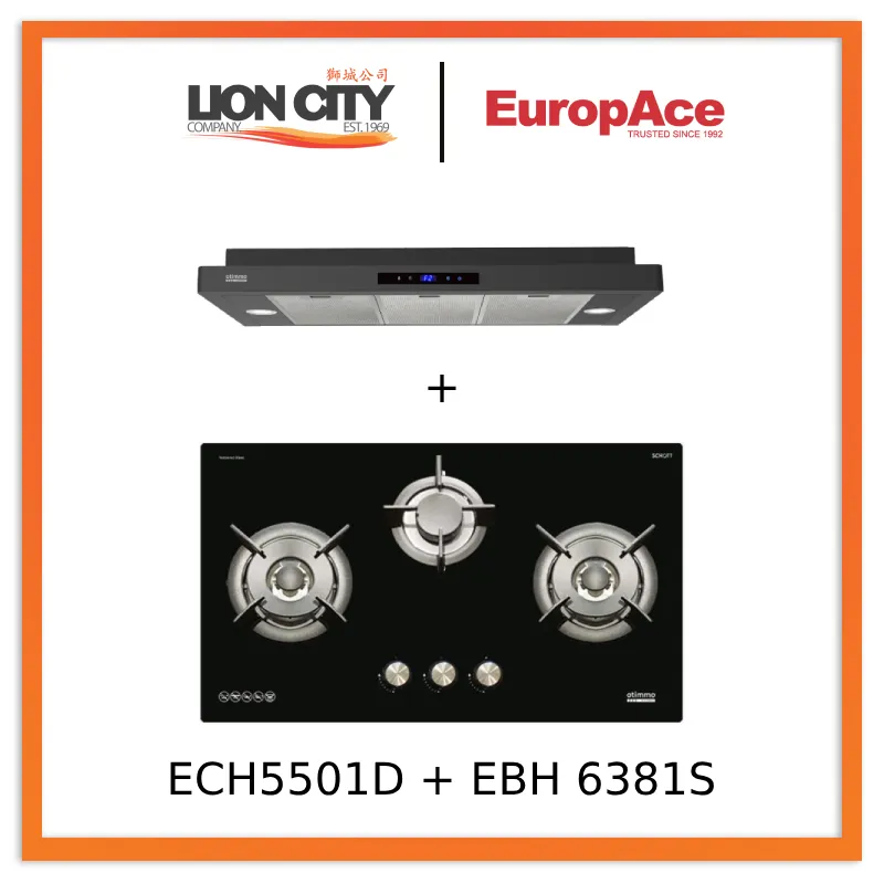Europace ECH5501DBK 90cm Slimline Hood   EBH6381STG  80cm Built-In Gas Hob (3burner)