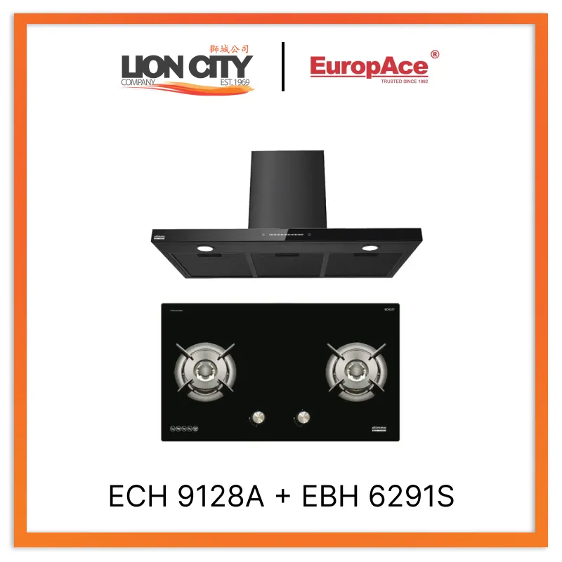 Europace ECH9128A 90cm Premium T-Chimney Hood Full   EBH6291S 2 Burner 90cm Gas Cooker Hob (Schott Glass)