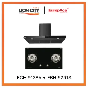 Europace ECH9128A 90cm Premium T-Chimney Hood Full   EBH6291S 2 Burner 90cm Gas Cooker Hob (Schott Glass)