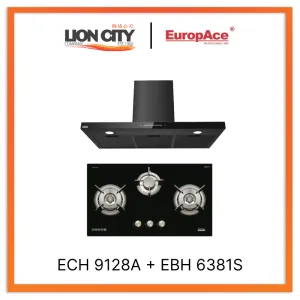 Europace ECH9128A 90cm Premium T-Chimney Hood Full   EBH6381S 3 Burner 80cm Slim Gas Cooker Hob (Schott Glass)