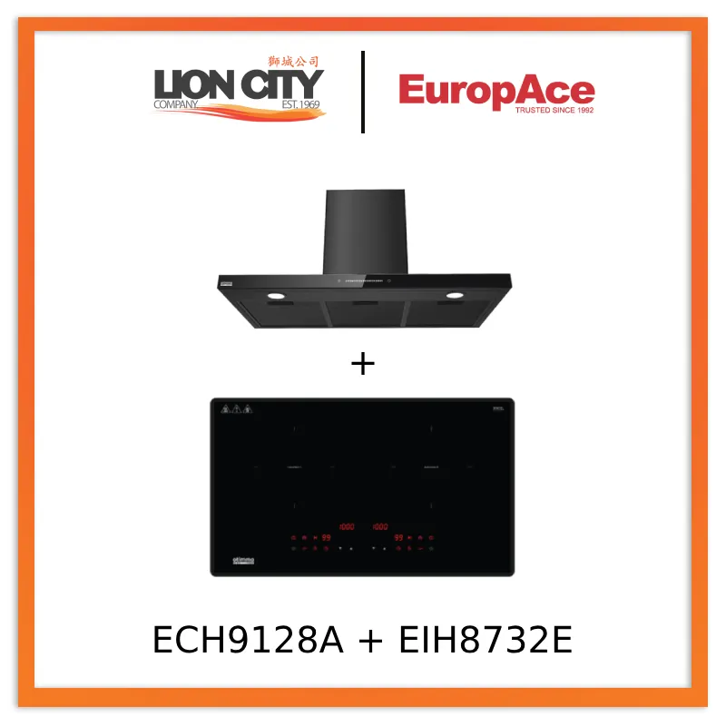Europace ECH9128A 90cm Premium T-Chimney Hood Full   EIH8732E 8 Series 73cm Induction Hob with Magnetic Knob