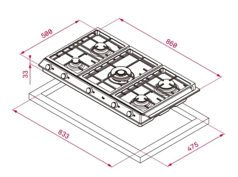 EX 90.1 5G AI AL DR CI Stainless Steel Gas Hob With Frontal Control Knobs of Butane and Natural Gas