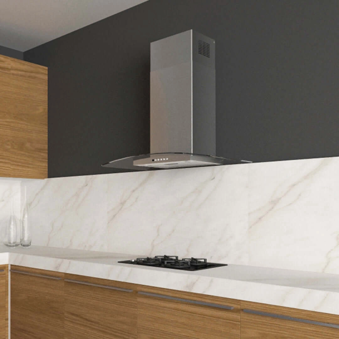 Faber Tratto Wall Mount Range Hood with Size Options In Stainless Steel and Glass