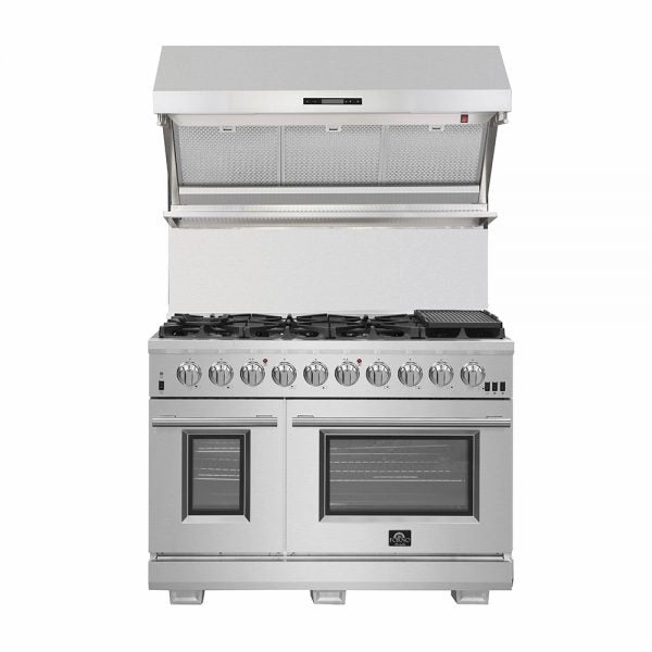 Forno Savona - 48 in. Wall Mount Range Hood & Back Splash with Red Warming Light in Stainless Steel (FRHWM5029-48HB)