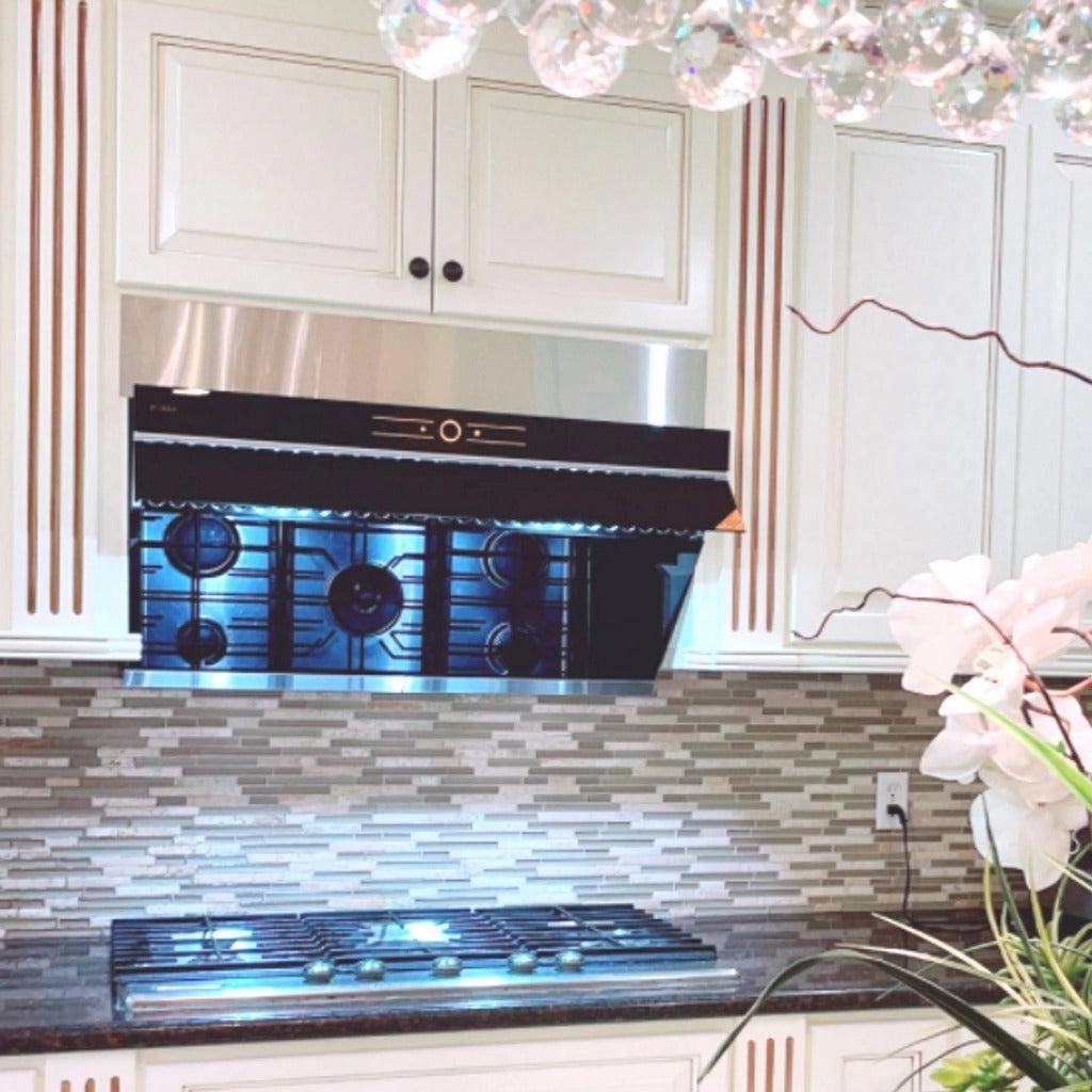 Fotile Slant Vent Series 36 in. 850 CFM Wall Mount Range Hood with Touchscreen in Onyx Black Tempered Glass (JQG9001)