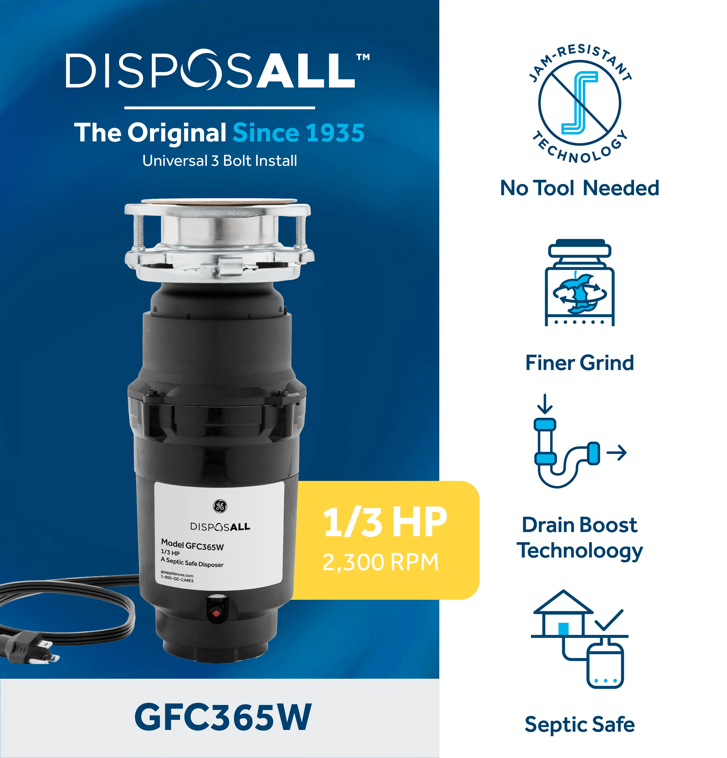 Ge Appliances GFC365W Ge Disposall 1/3 Hp Continuous Feed Garbage Disposer - Corded