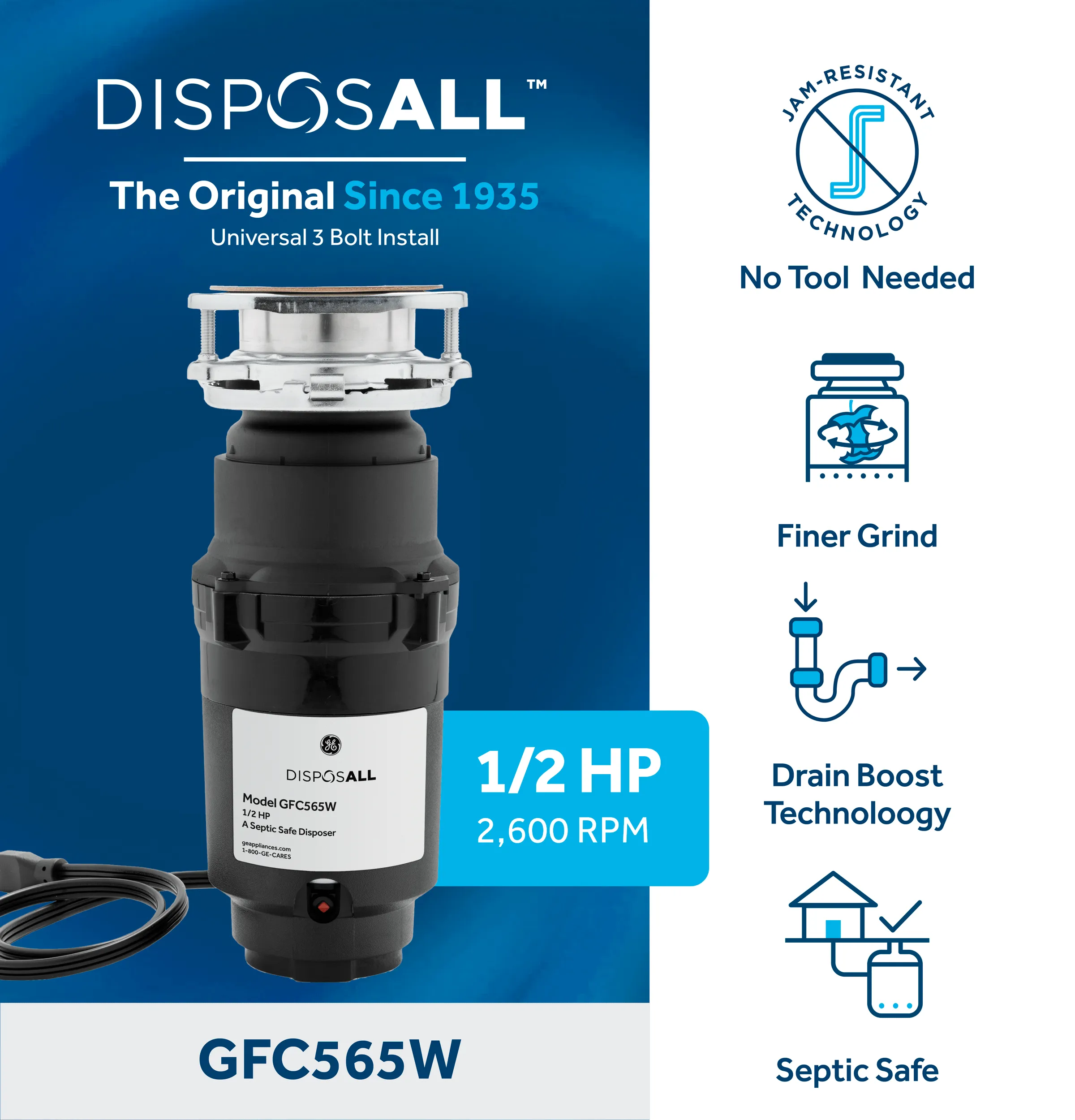 Ge Appliances GFC565W Ge Disposall 1/2 Hp Continuous Feed Garbage Disposer Corded