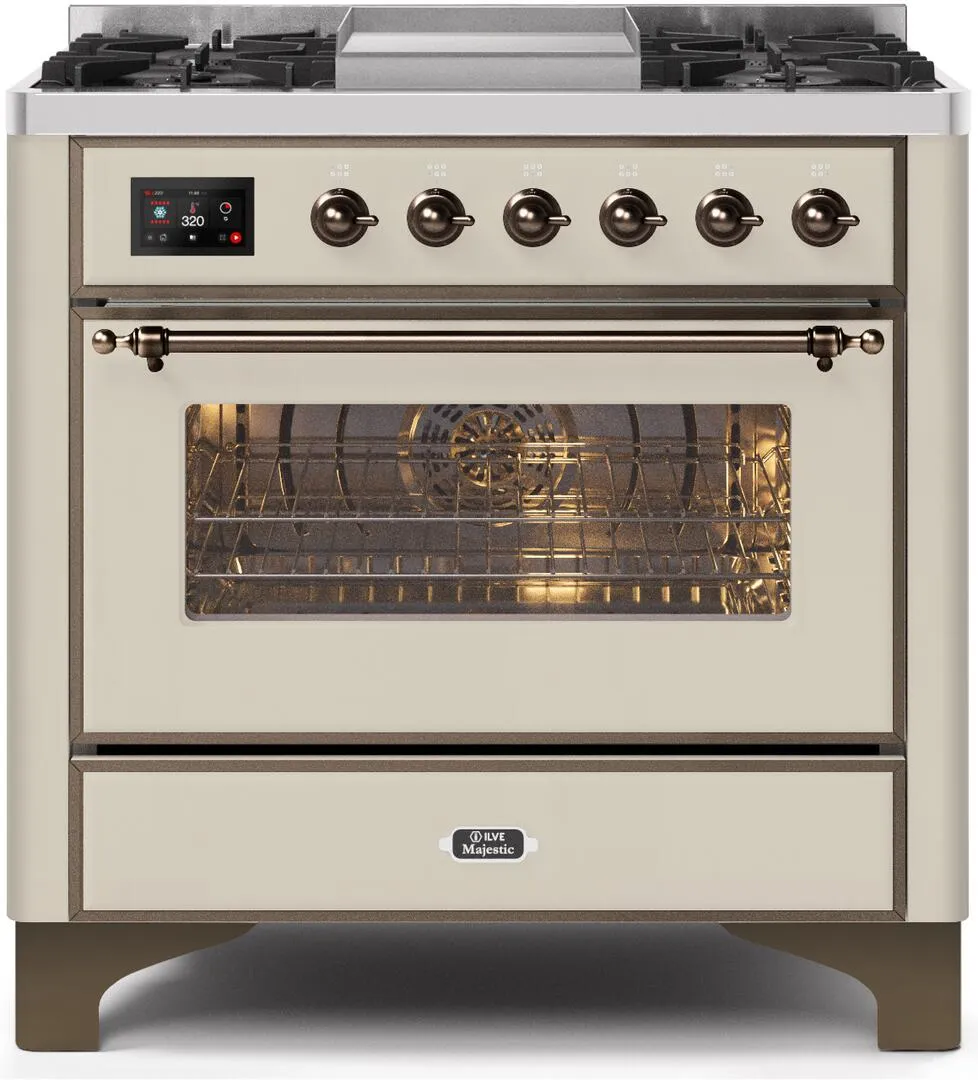 Ilve UM09FDNS3AWB Majestic Ii 36 Inch Dual Fuel Natural Gas Freestanding Range In Antique White With Bronze Trim