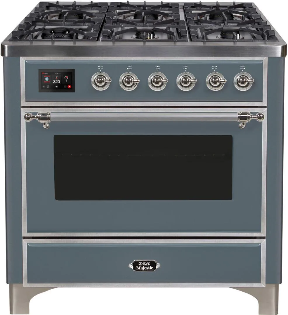 Ilve UM09FDNS3BGC Majestic Ii 36 Inch Dual Fuel Natural Gas Freestanding Range In Blue Grey With Chrome Trim