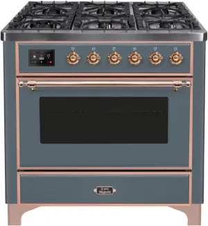 Ilve UM09FDNS3BGPLP Majestic Ii 36 Inch Dual Fuel Liquid Propane Freestanding Range In Blue Grey With Copper Trim