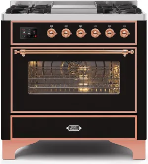 Ilve UM09FDNS3BKPLP Majestic Ii 36 Inch Dual Fuel Liquid Propane Freestanding Range In Glossy Black With Copper Trim