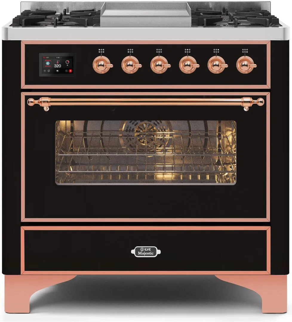 Ilve UM09FDNS3BKPLP Majestic Ii 36 Inch Dual Fuel Liquid Propane Freestanding Range In Glossy Black With Copper Trim