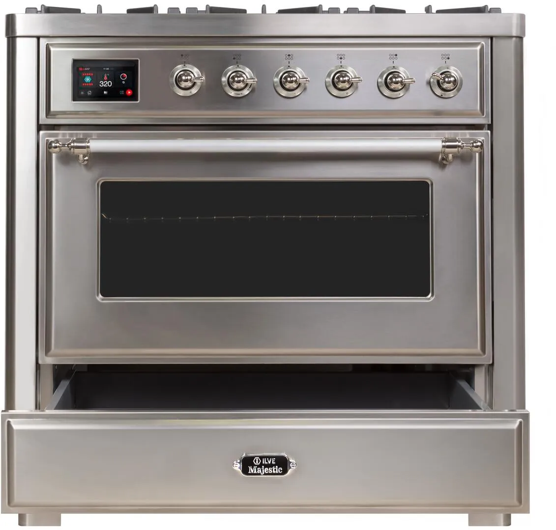 Ilve UM09FDNS3SSC Majestic Ii 36 Inch Dual Fuel Natural Gas Freestanding Range In Stainless Steel With Chrome Trim