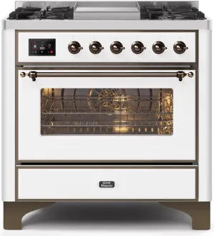 Ilve UM09FDNS3WHBLP Majestic Ii 36 Inch Dual Fuel Liquid Propane Freestanding Range In White With Bronze Trim