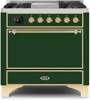 Ilve UM09FDQNS3EGGLP Majestic Ii 36 Inch Dual Fuel Liquid Propane Freestanding Range In Emerald Green With Brass Trim