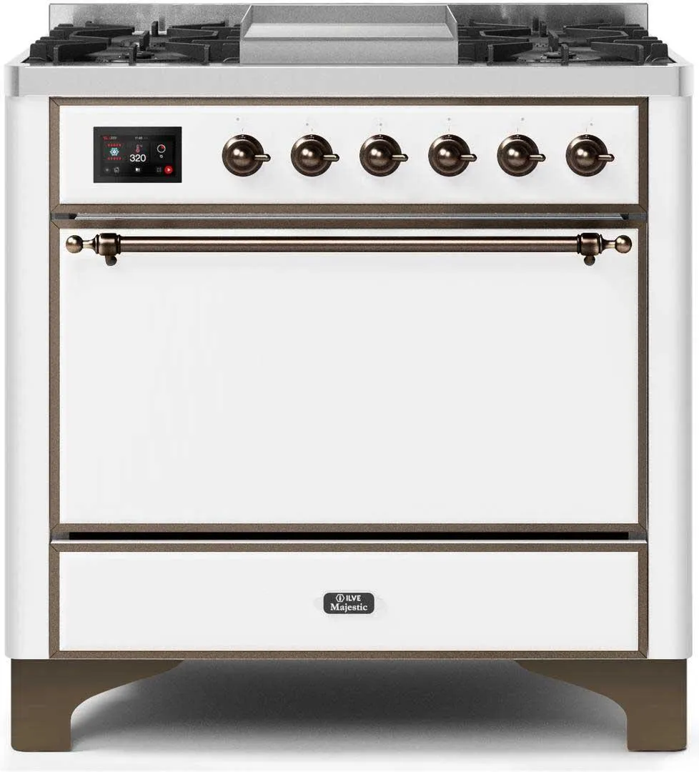 Ilve UM09FDQNS3WHB Majestic Ii 36 Inch Dual Fuel Natural Gas Freestanding Range In White With Bronze Trim