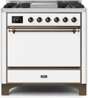 Ilve UM09FDQNS3WHB Majestic Ii 36 Inch Dual Fuel Natural Gas Freestanding Range In White With Bronze Trim