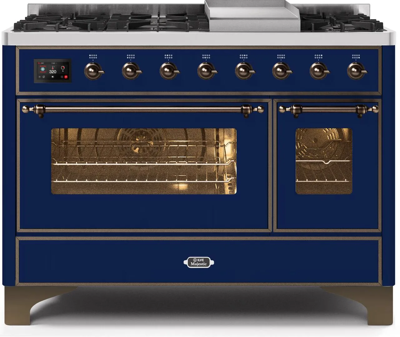 Ilve UM12FDNS3MBB Majestic Ii 48 Inch Dual Fuel Natural Gas Freestanding Range In Blue With Bronze Trim