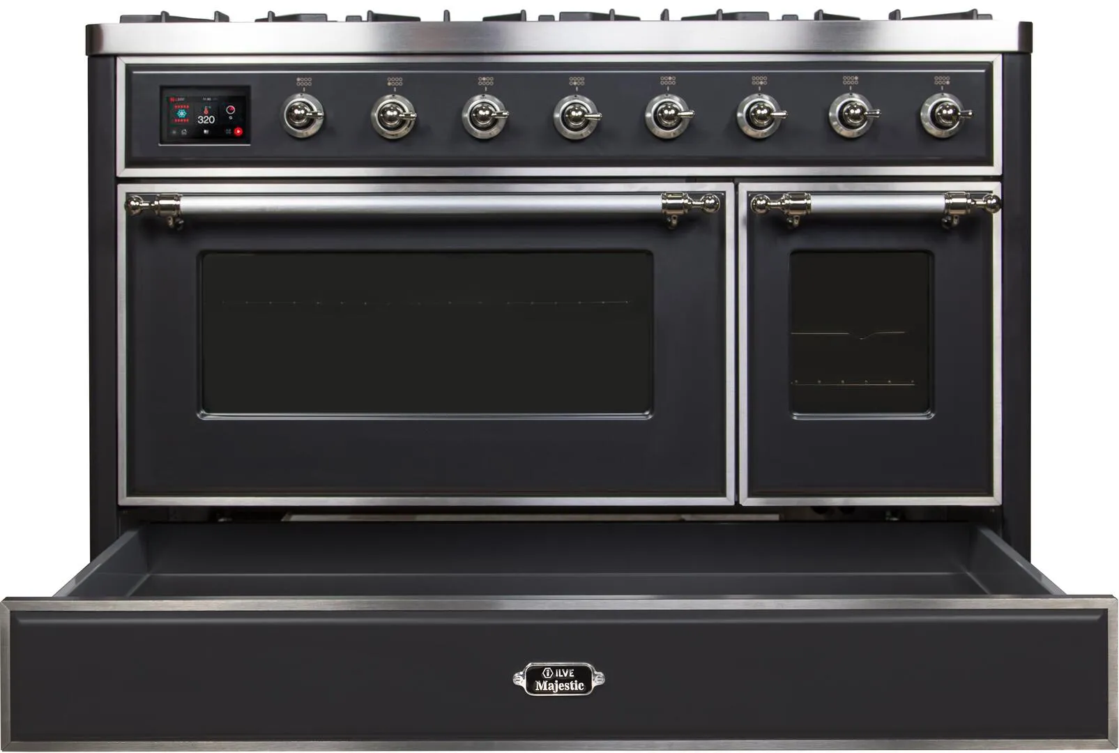 Ilve UM12FDNS3MGCLP Majestic Ii 48 Inch Dual Fuel Liquid Propane Freestanding Range In Matte Graphite With Chrome Trim