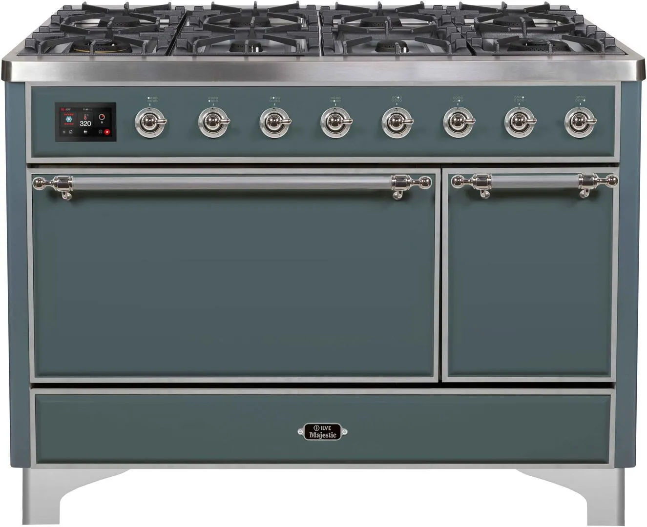 Ilve UM12FDQNS3BGC Majestic Ii 48 Inch Dual Fuel Natural Gas Freestanding Range In Blue Grey With Chrome Trim