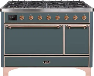 Ilve UM12FDQNS3BGPLP Majestic Ii 48 Inch Dual Fuel Liquid Propane Freestanding Range In Blue Grey With Copper Trim