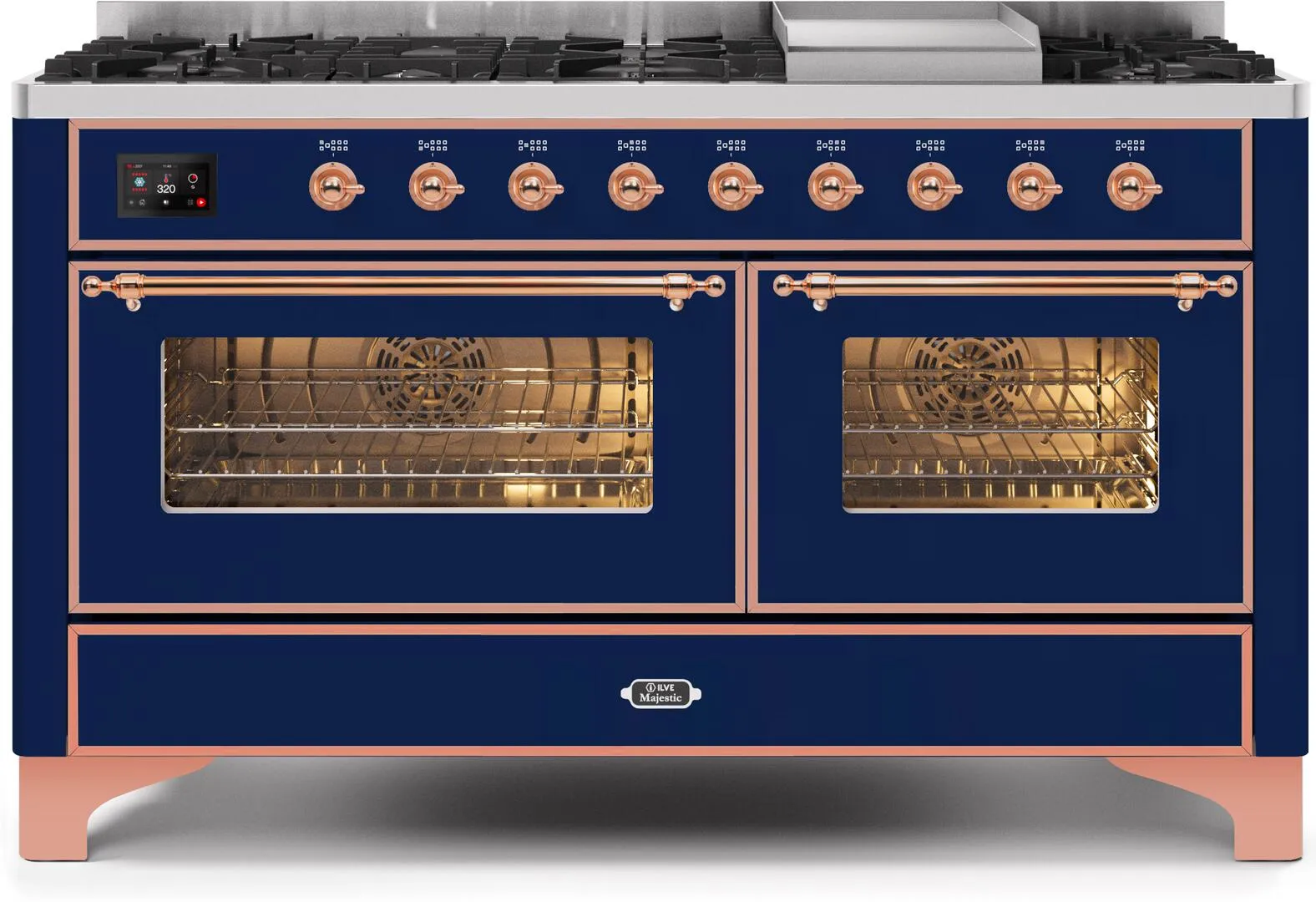 Ilve UM15FDNS3MBPLP Majestic Ii 60 Inch Dual Fuel Liquid Propane Freestanding Range In Blue With Copper Trim