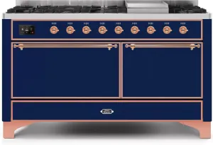 Ilve UM15FDQNS3MBPLP Majestic Ii 60 Inch Dual Fuel Liquid Propane Freestanding Range In Midnight Blue With Copper Trim