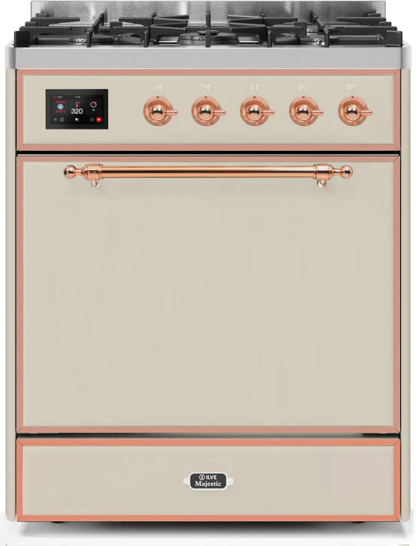 Ilve UM30DQNE3AWPLP Majestic Ii 30 Inch Dual Fuel Liquid Propane Freestanding Range In Antique White With Copper Trim