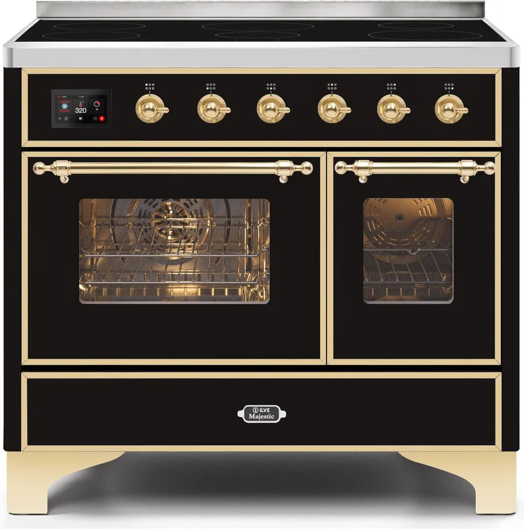 Ilve UMDI10NS3BKG Majestic Ii 40 Inch Electric Freestanding Range In Glossy Black With Brass Trim