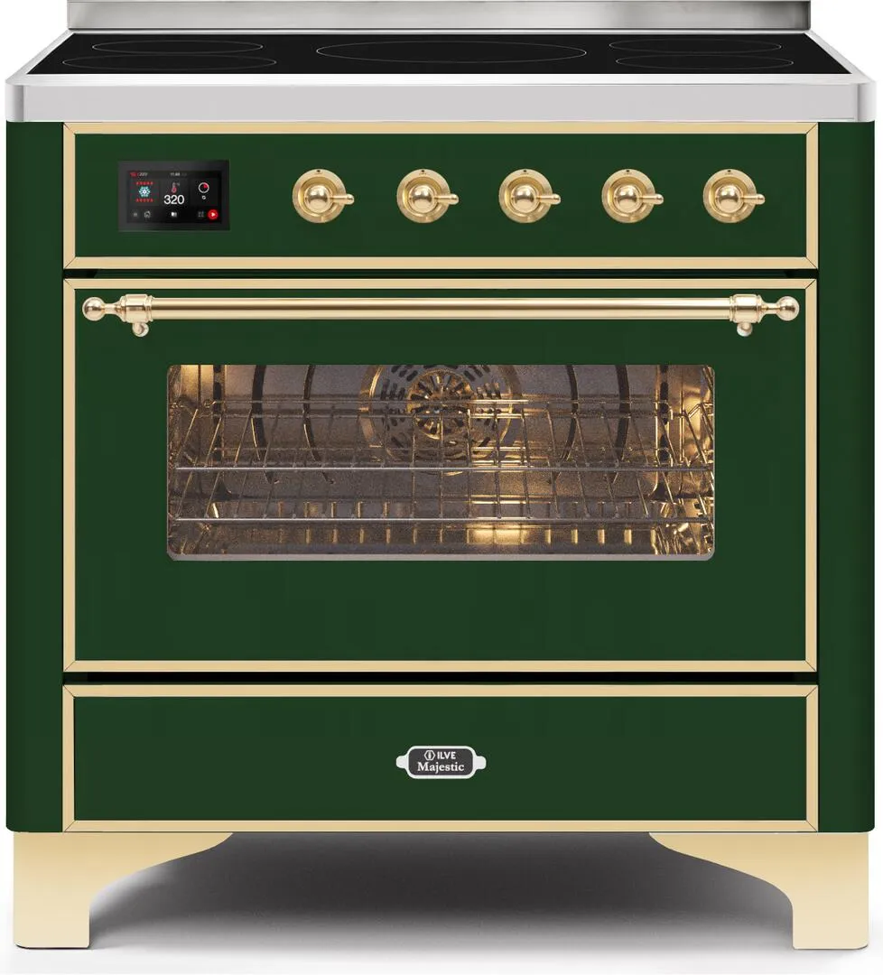 Ilve UMI09NS3EGG Majestic Ii 36 Inch Electric Freestanding Range In Emerald Green With Brass Trim