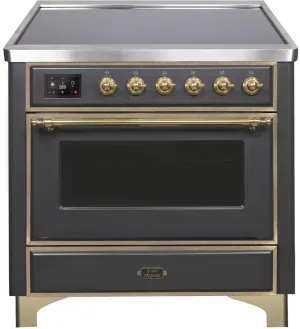 Ilve UMI09NS3MGG Majestic Ii 36 Inch Electric Freestanding Range In Matte Graphite With Brass Trim